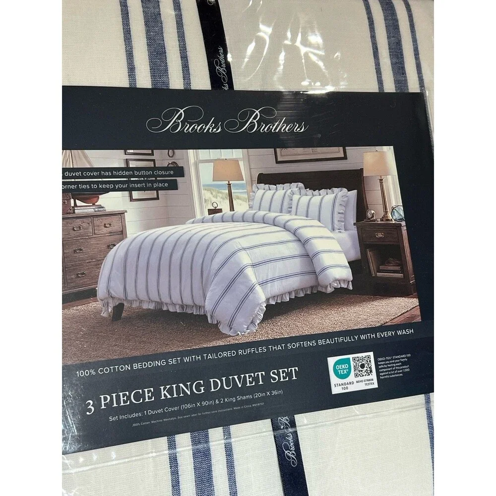 Brooks Brothers White Blue Striped Cotton Ruffled 3 Pc King Duvet Set New